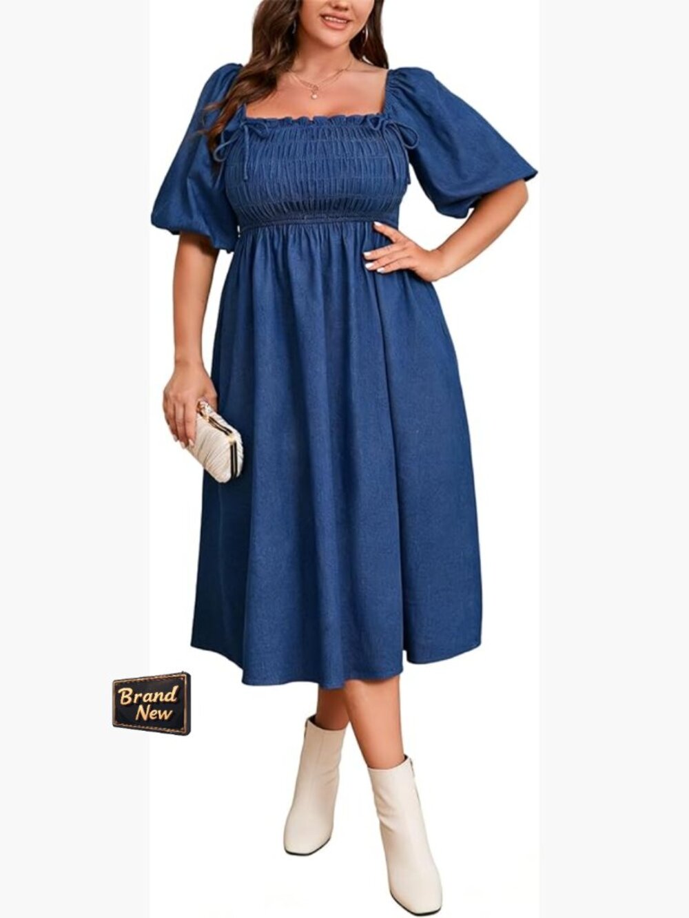 Plus Size Midi Denim Dress with Pockets, Smocked Reversible Square Neck or